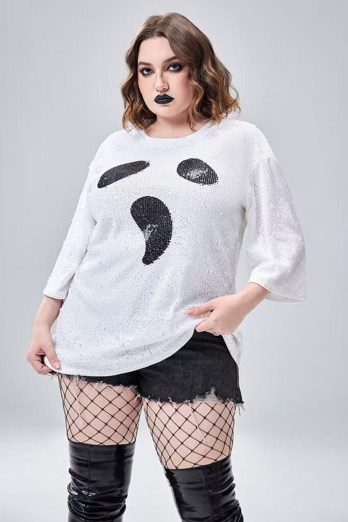 Plus Size Casual Halloween Costume White Ghosts Round-Neck Short Sleeve Pattern Sequin T-Shirt