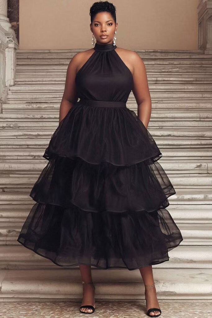 Plus Size Cocktail Party Black Halter Collar Ruffle Tiered Tulle Midi Dress