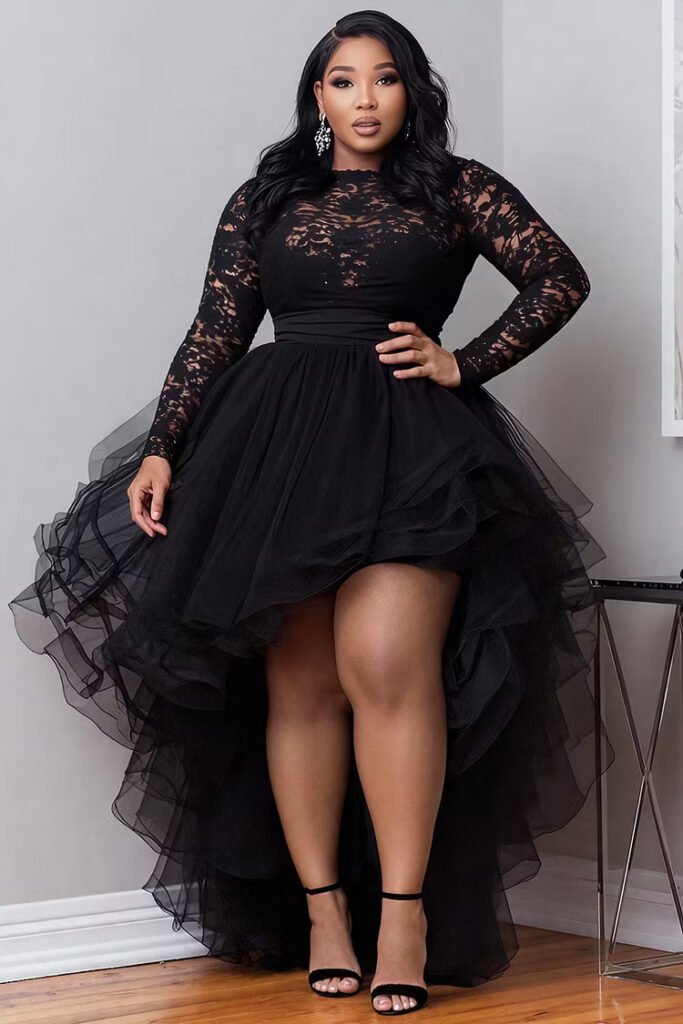 Plus Size Cocktail Party Black Round Neck Long Sleeve High Low Hem Elegant Ruffle Tulle Lace Mini Dress