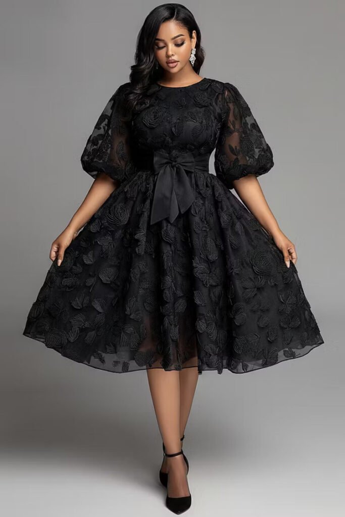 Plus Size Cocktail Party Black Round Neck Short Sleeve Pocket See Through Lace Midi Dress
