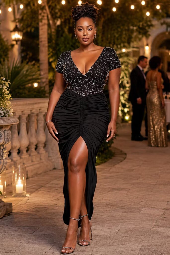 Plus Size Cocktail Party Black V Neck Short Sleeve Drilling Split Satin Midi Dress