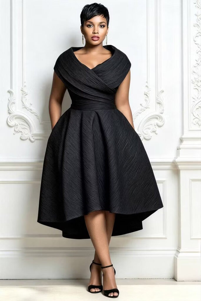 Plus Size Cocktail Party Black Wrap Neck Short Sleeve Pocket Irregular Hem Midi Dress
