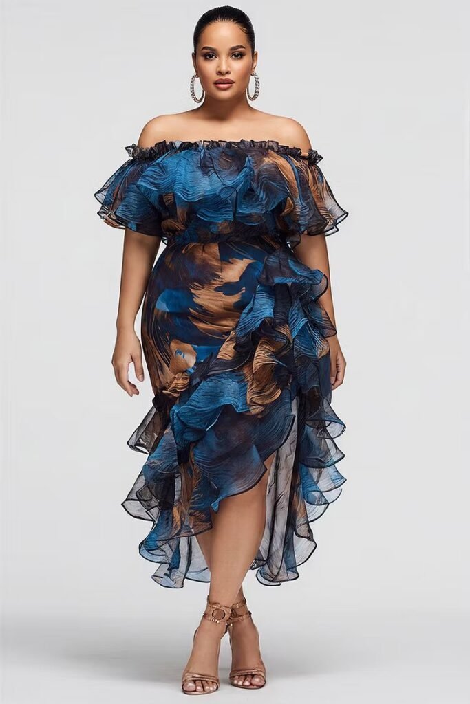 Plus Size Cocktail Party Blue Graphic Off The Shoulder Ruffle Tiered Chiffon Midi Dress