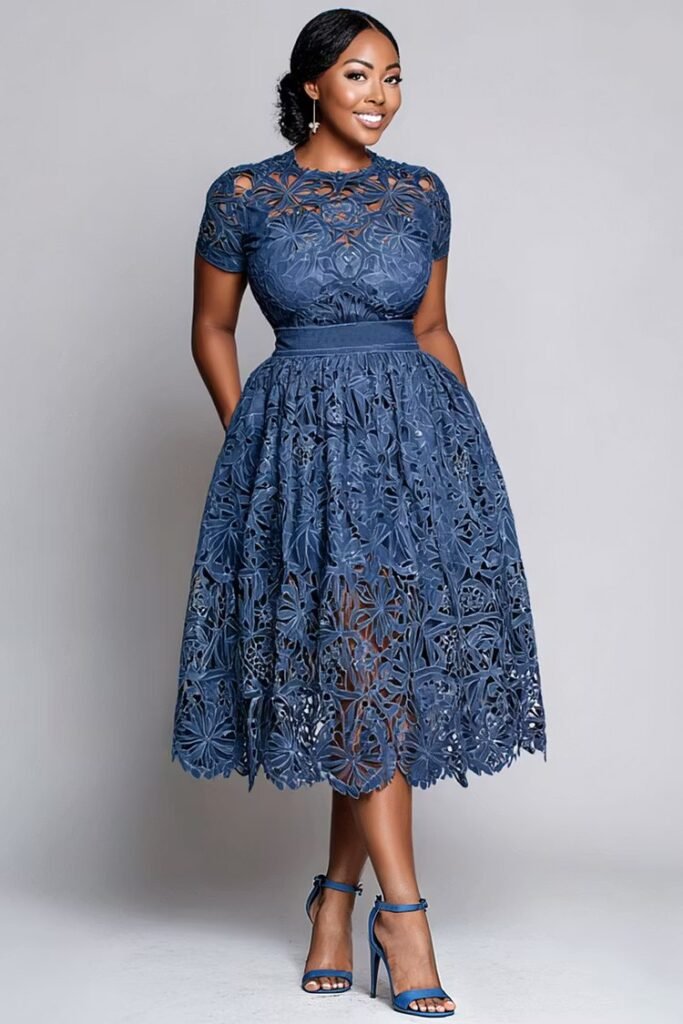Plus Size Cocktail Party Blue Round Neck Short Sleeve Pocket Cut Out Guipure Lace Midi Dress