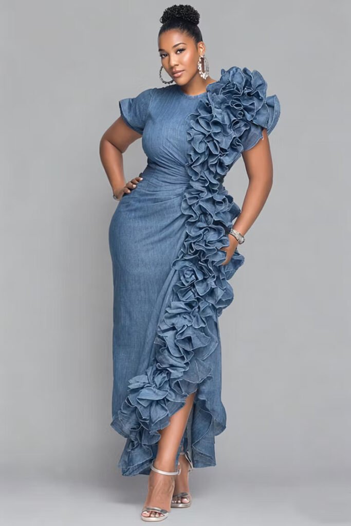Plus Size Cocktail Party Blue Round Neck Short Sleeve Ruffle Pocket Tencel Denim Maxi Dress
