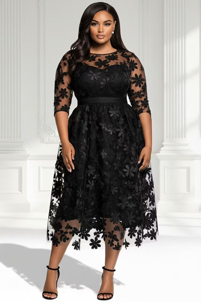 Plus Size Cocktail Party Elegant Black Round Neck Half Sleeve See Through Tulle Midi Dress
