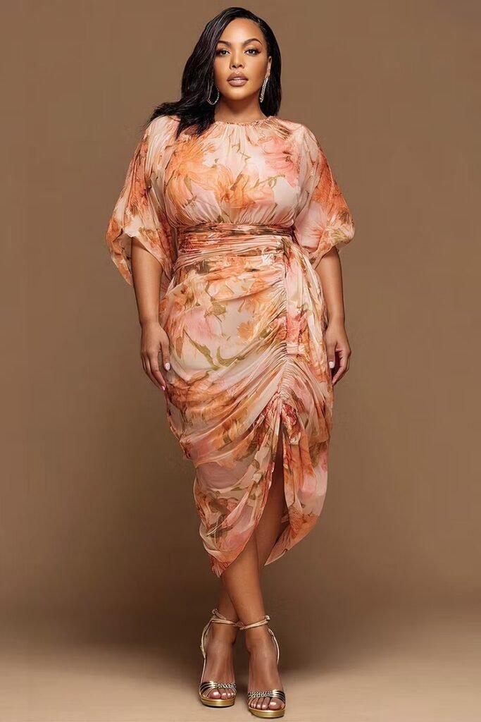 Plus Size Cocktail Party Elegant Peach Floral Round Neck Puff Sleeve Short Sleeve Bodycon Ruched Chiffon Midi Dress