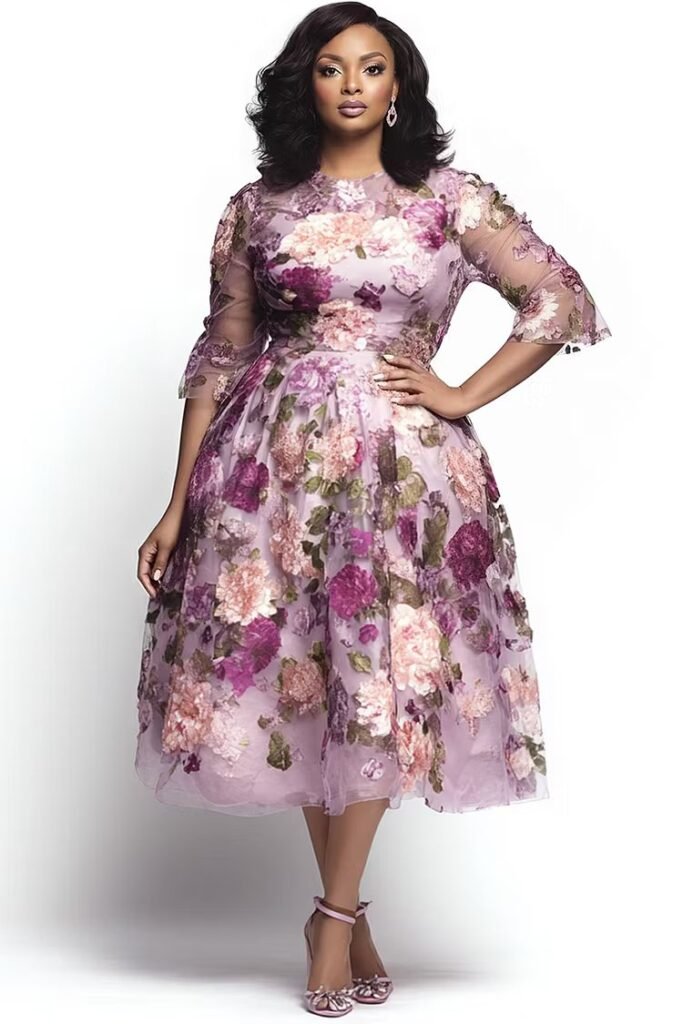 Plus Size Cocktail Party Elegant Pink Floral Round Neck Half Sleeve See Through Tulle Midi Dress