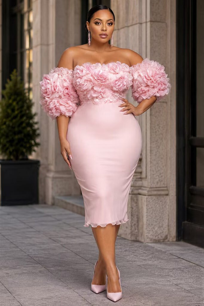 Plus Size Cocktail Party Elegant Pink Off The Shoulder Short Sleeve 3D Bodycon Chiffon Midi Dress