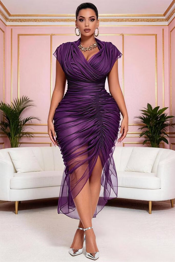 Plus Size Cocktail Party Elegant Purple Wrap Neck Short Sleeve Fold Asymmetric Hem Tulle Midi Dress