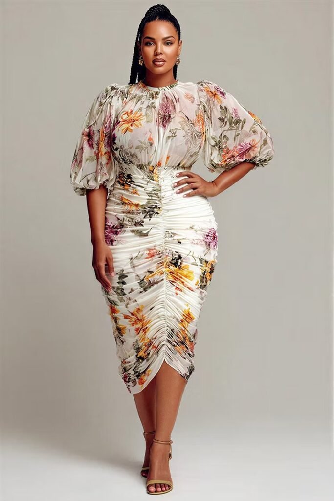 Plus Size Cocktail Party Elegant White Floral Round Neck Puff Sleeve Short Sleeve Bodycon Fold Chiffon Midi Dress
