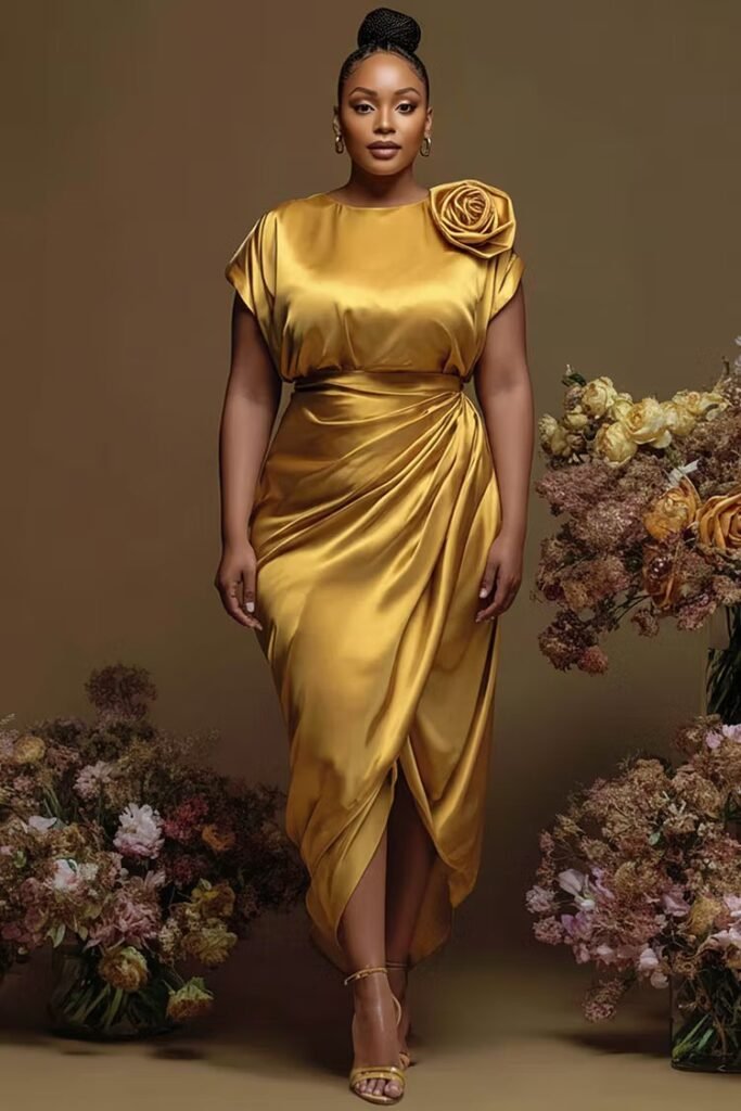 Plus Size Cocktail Party Gold Round Neck Short Sleeve Fold 3D Satin Maxi Dress