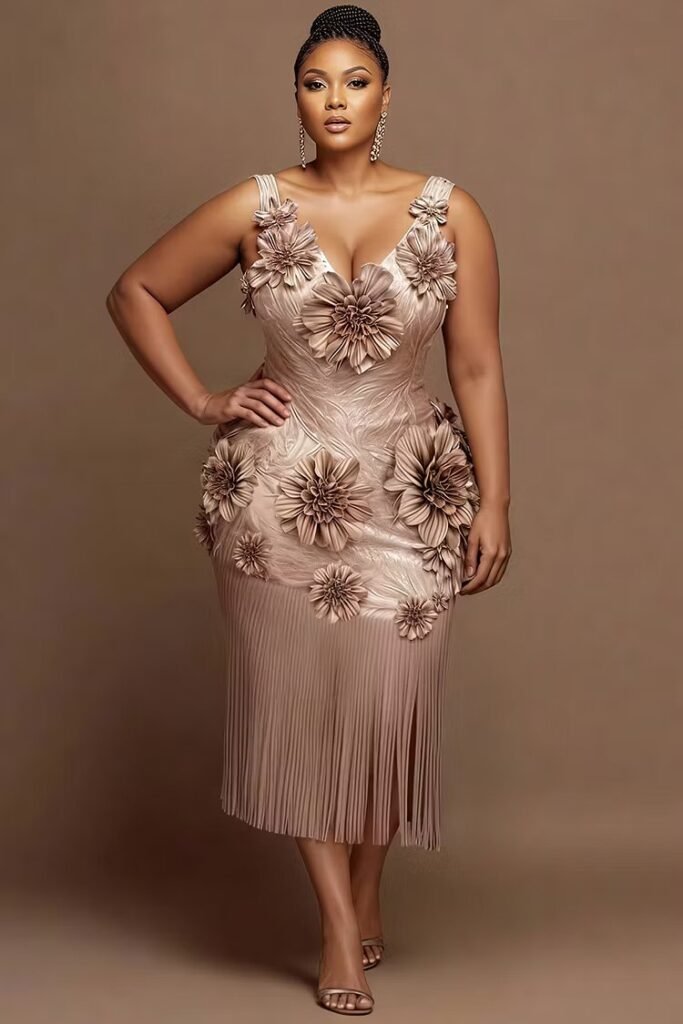 Plus Size Cocktail Party Gold V Neck 3D Elegant Midi Dress