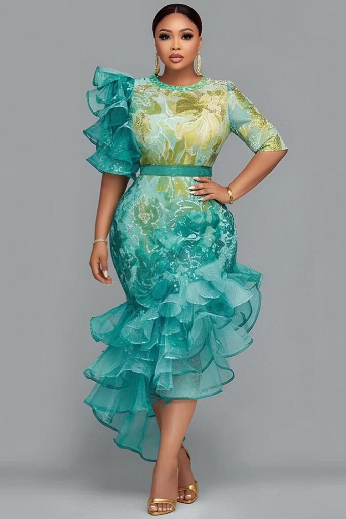 Plus Size Cocktail Party Green All Over Print Round Neck Half Sleeve Ruffle Asymmetric Hem Irregular Hem Midi Dress