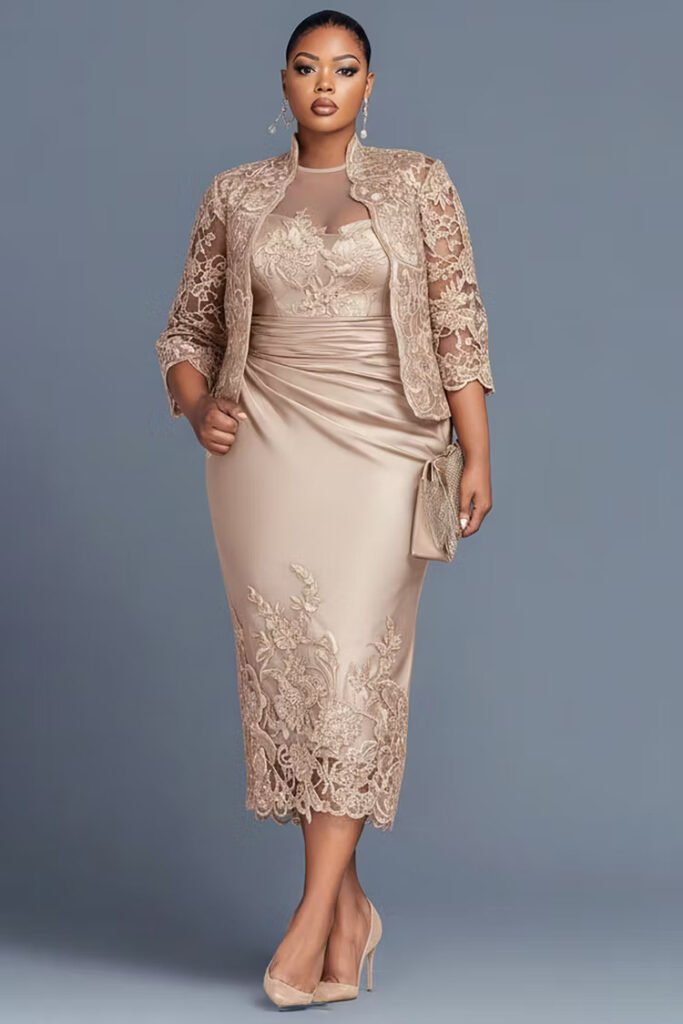 Plus Size Cocktail Party Lace Champagne Round Neck 3:4 Sleeve Contrast Bodycon Satin Two Piece Dress Set