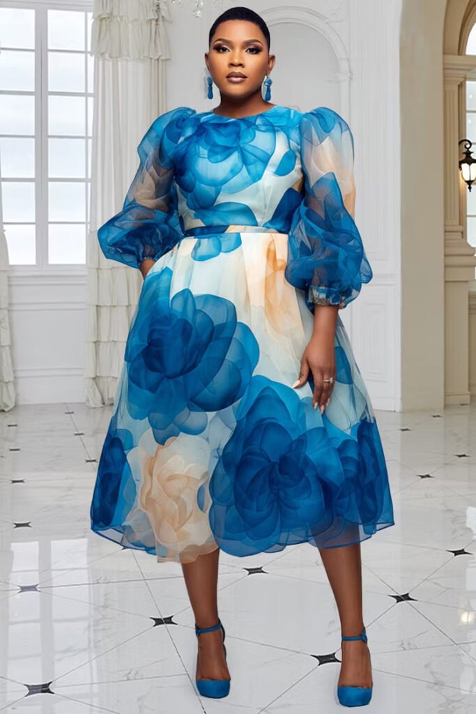 Plus Size Cocktail Party Light Blue Round Neck Puff Sleeve 3-4 Sleeve Pocket Organza Midi Dress