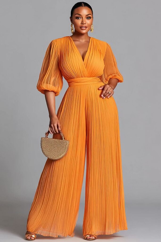 Plus Size Cocktail Party Orange Wrap Neck Lantern Sleeve Short Sleeve Pleated Jumpsuit