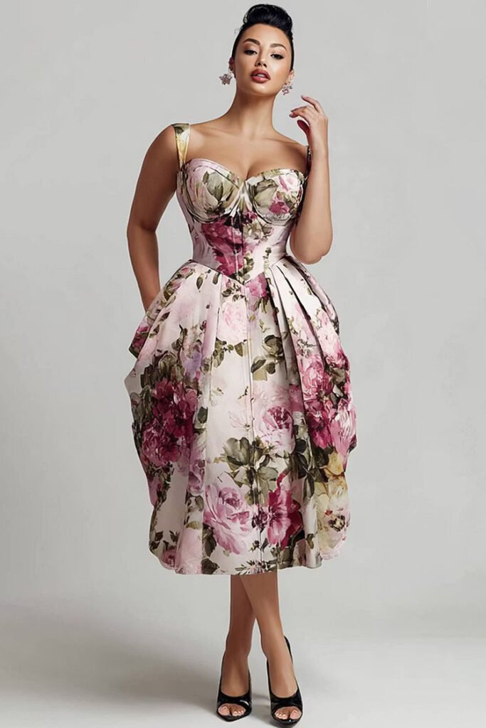 Plus Size Cocktail Party Pink Floral Sweetheart Neck Pleated Pocket Satin Midi Dress