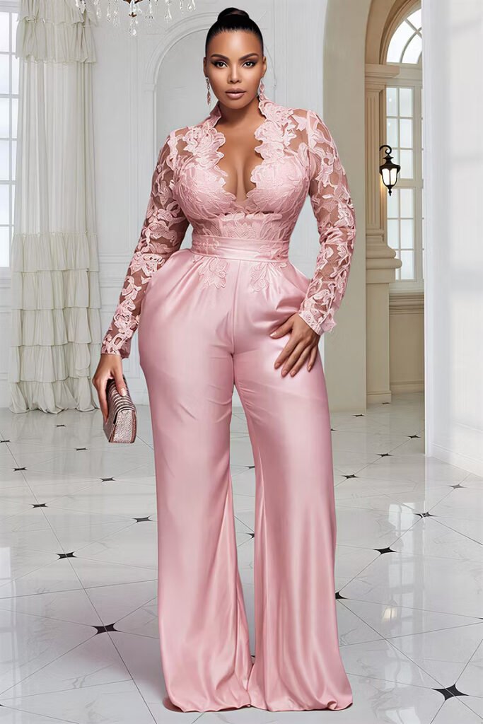 Plus Size Cocktail Party Pink V Neck Long Sleeve Pocket See Through Satin Jumpsuit