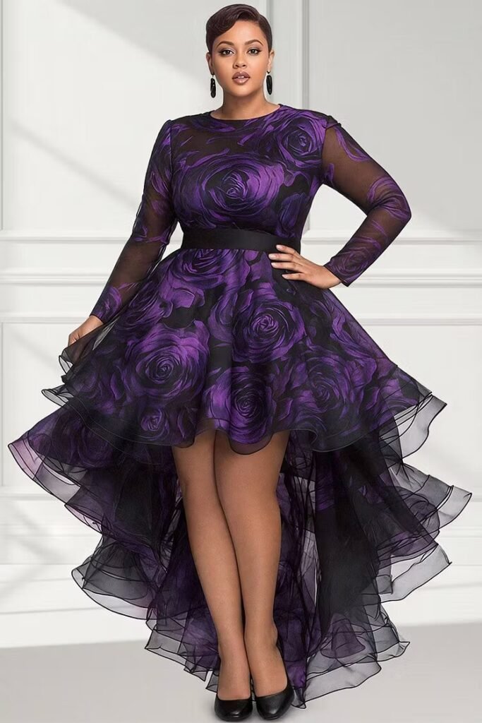 Plus Size Cocktail Party Purple Floral Round Neck Long Sleeve High Low Hem Ruffle Organza Mini Dress