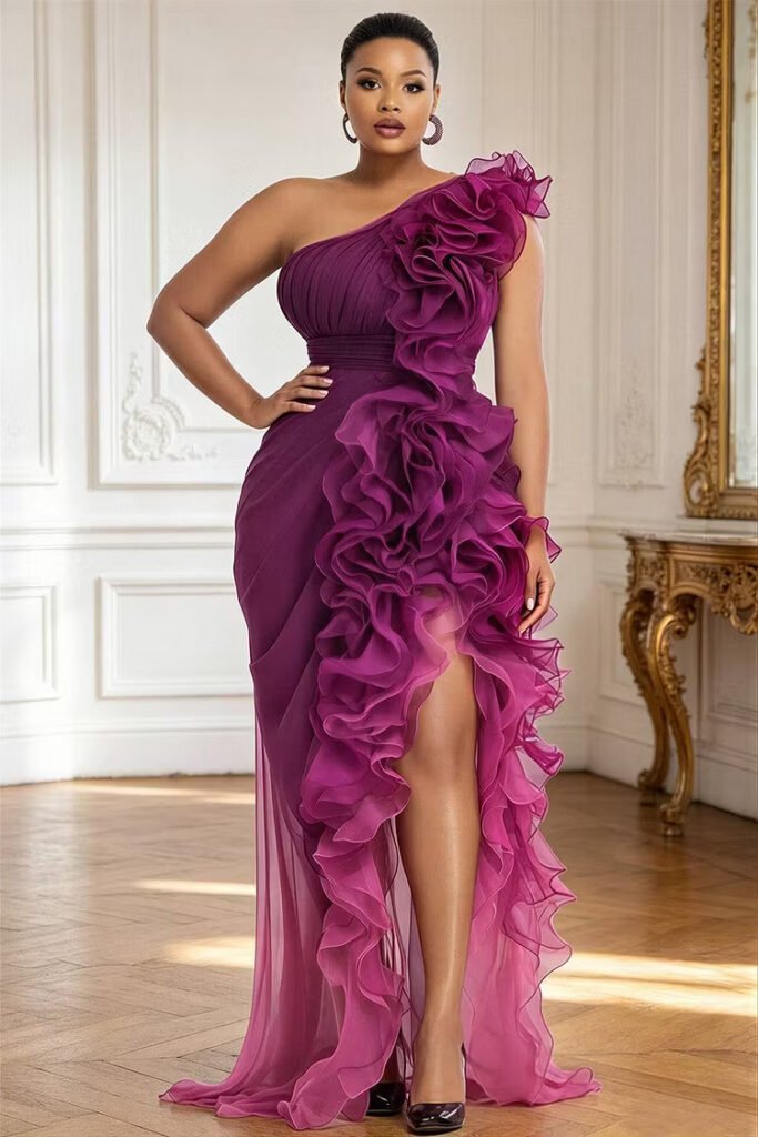 Plus Size Cocktail Party Purple Gradient One Shoulder Ruffle Split Chiffon Maxi Dress