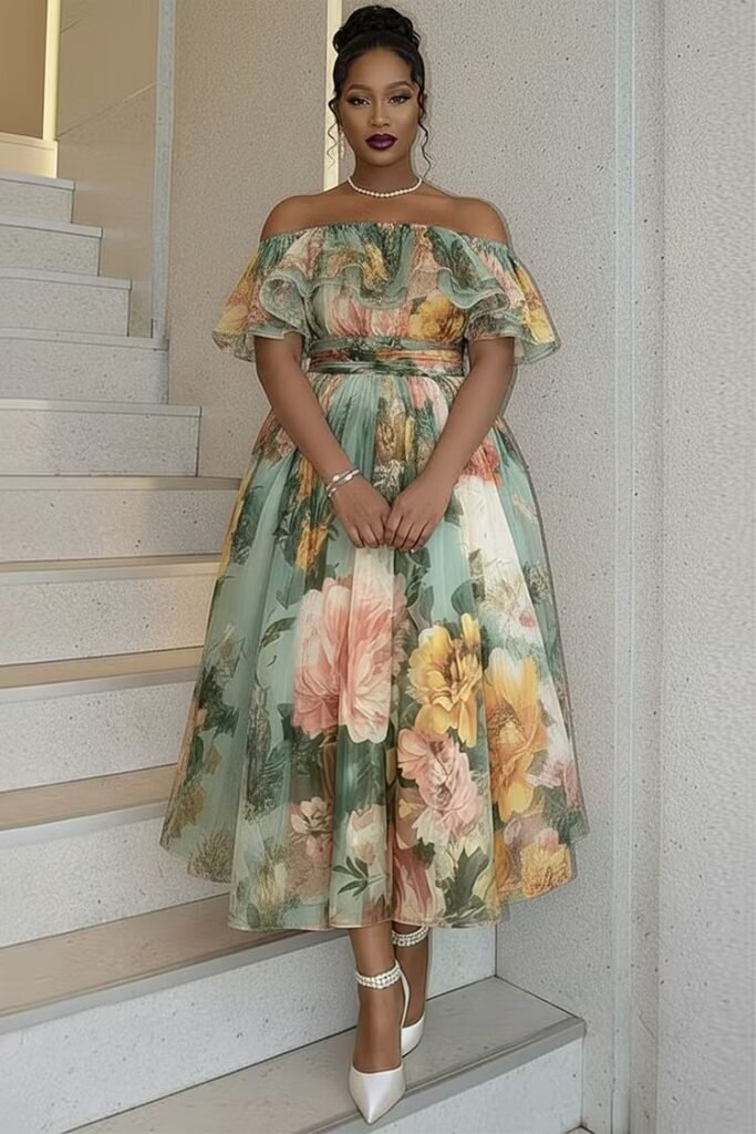 Plus Size Cocktail Party Sage Green Floral Off The Shoulder Ruffle Chiffon Maxi Dress