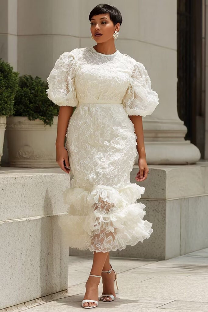 Plus Size Cocktail Party White Round Neck Puff Sleeve Short Sleeve Ruffle Bodycon Lace Midi Dress