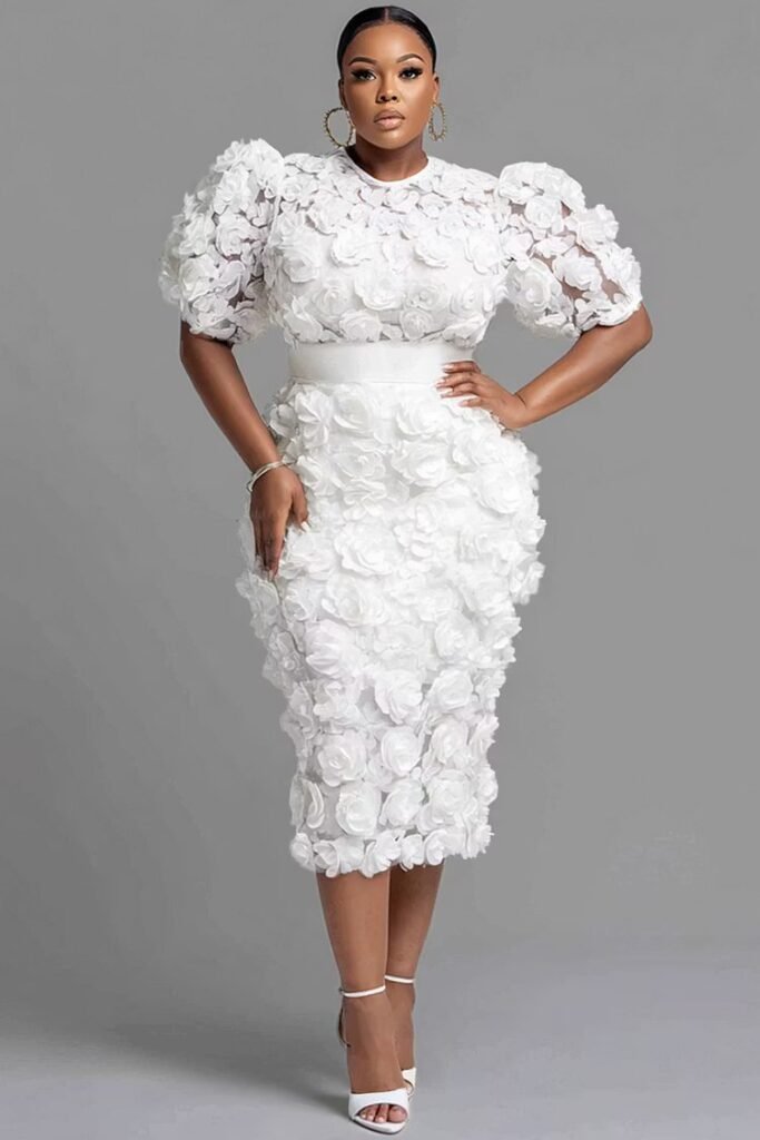 Plus Size Cocktail Party White Round Neck Short Sleeve 3D Bodycon Two Piece Skirt Set
