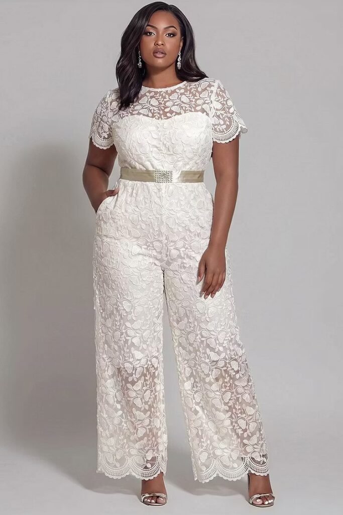 Plus Size Cocktail Party White Round Neck Short Sleeve Pocket See Through Lace Jumpsuit