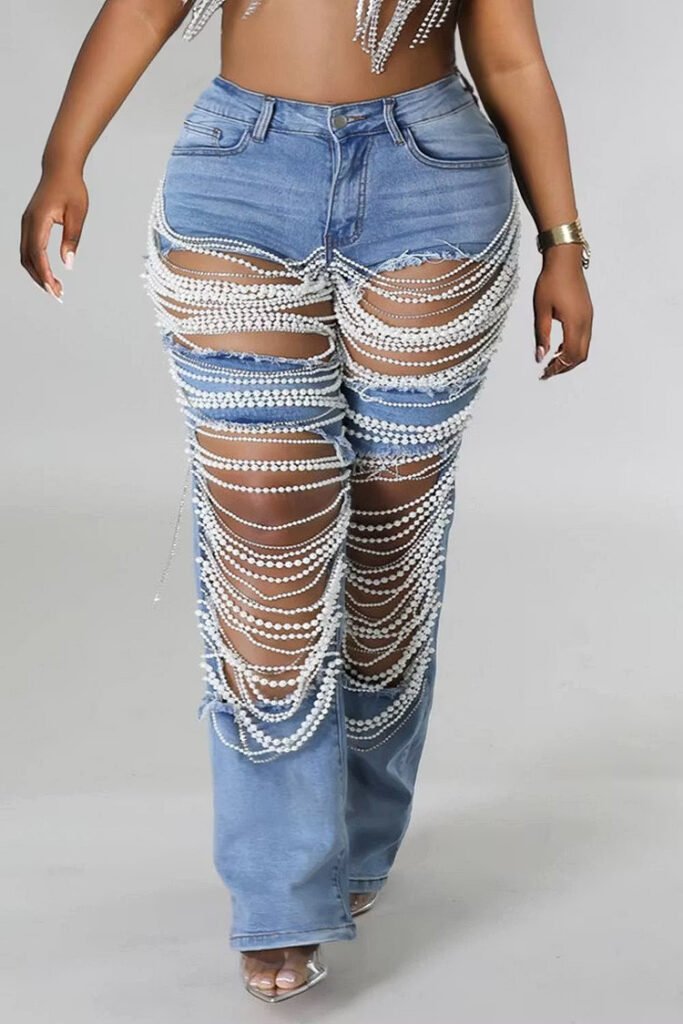 Plus Size Daily Jeans Casual Blue Pearls Denim Jeans