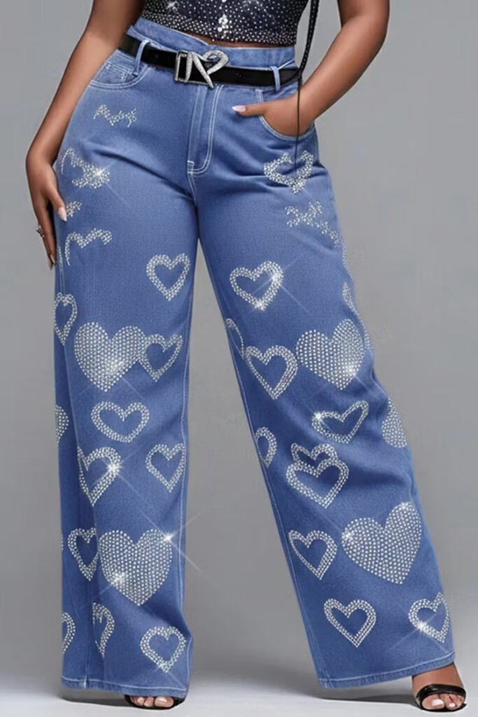 Plus Size Festival Blue Drilling Casual Denim Jeans