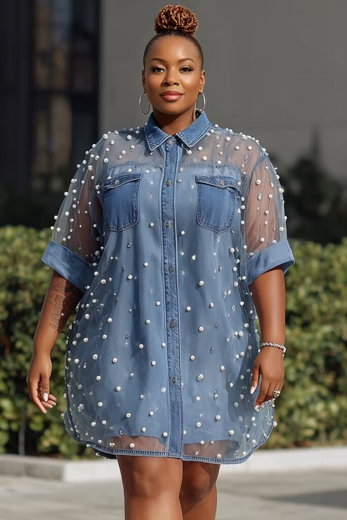 Plus Size Festival Casual Tulle Blue Shirt Collar Short Sleeve Pearls See Through Tencel Denim Mini Dress