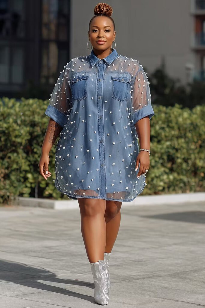 Plus Size Festival Casual Tulle Blue Shirt Collar Short Sleeve Pearls See Through Tencel Denim Mini Dress