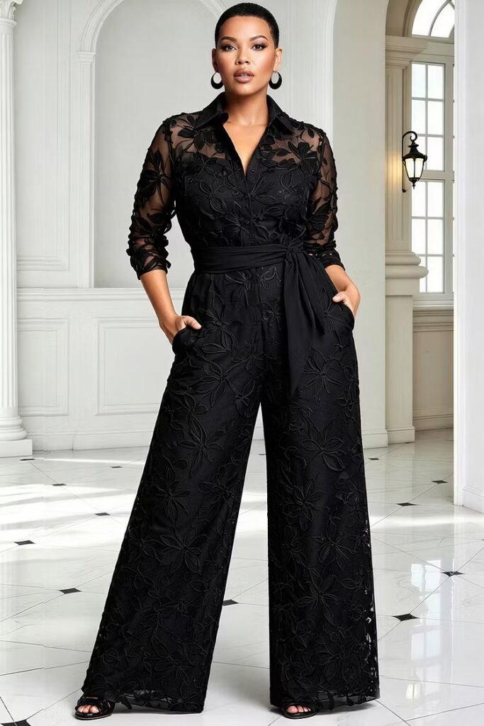 Plus Size Formal Black Shirt Collar 3:4 Sleeve Pocket Wide Leg Lace Jumpsuit