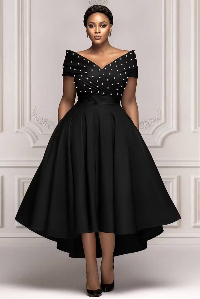 Plus Size Formal Black Wrap Neck Short Sleeve Asymmetric Hem Irregular Hem Pearls Satin Midi Dress
