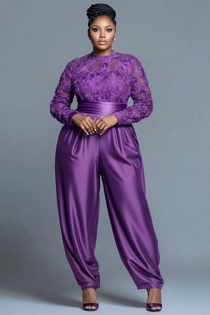 Plus Size Formal Purple Round Neck Long Sleeve Elegant See Through Satin Jumpsuit