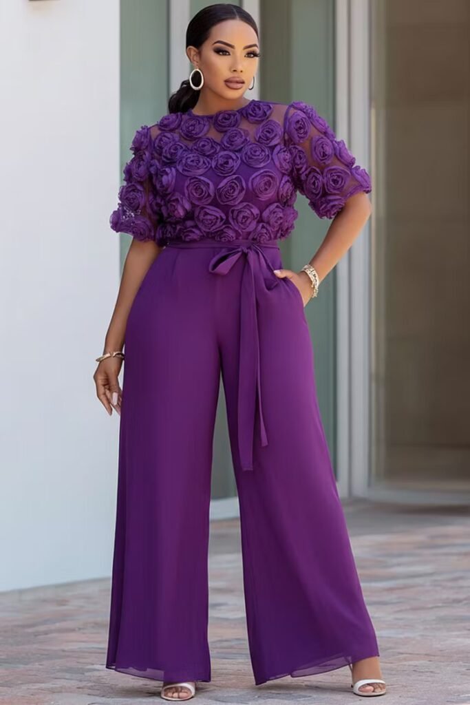 Plus Size Formal Purple Round Neck Short Sleeve 3D Wide Leg Jumpsuit