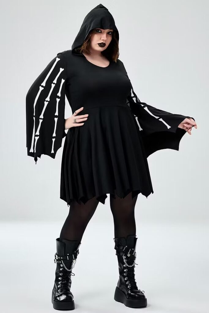 Plus Size Halloween Costume Black Bat Skeletons Knitted Mini Dress