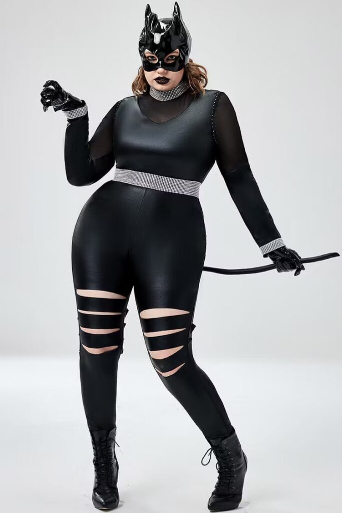 Plus Size Halloween Costume Black Cat Gothic See-Through Long Sleeve Mesh Jumpsuit