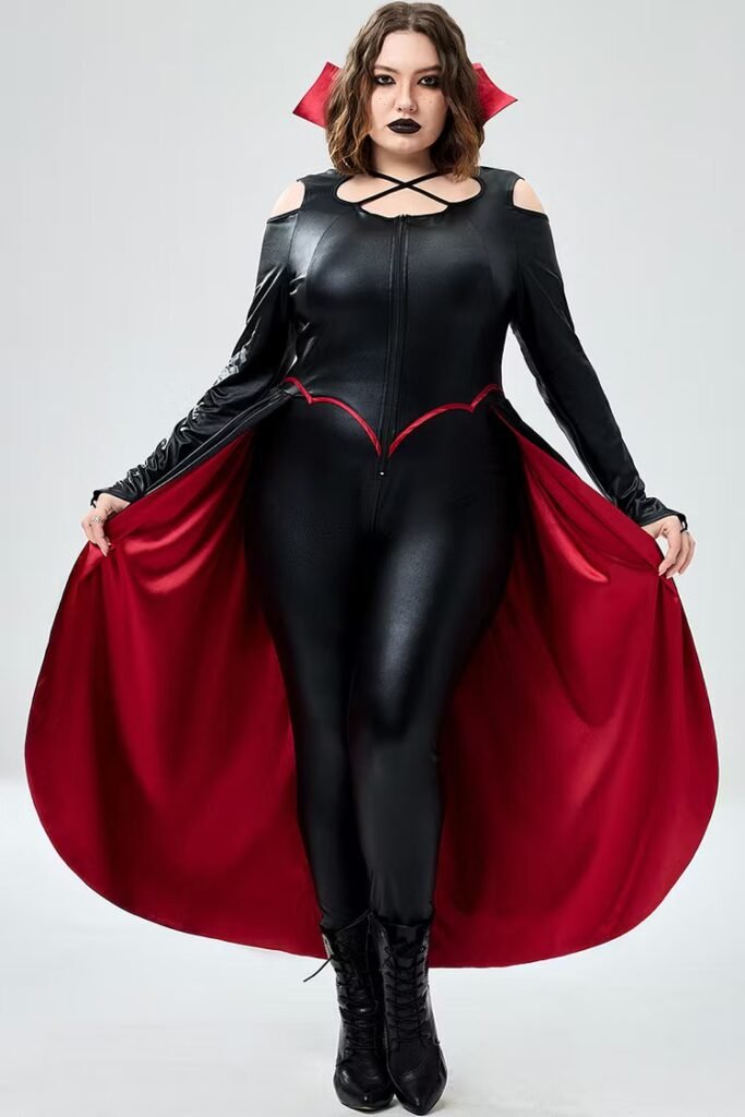 Plus Size Halloween Costume Black Cosplay Darkness Overlay Skirt PU Leather Jumpsuit