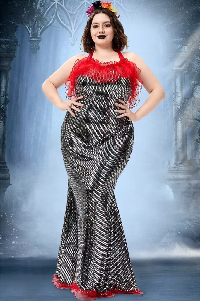 Plus Size Halloween Costume Black Mermaid Gothic Overlay Ruffle Sequin Maxi Dress