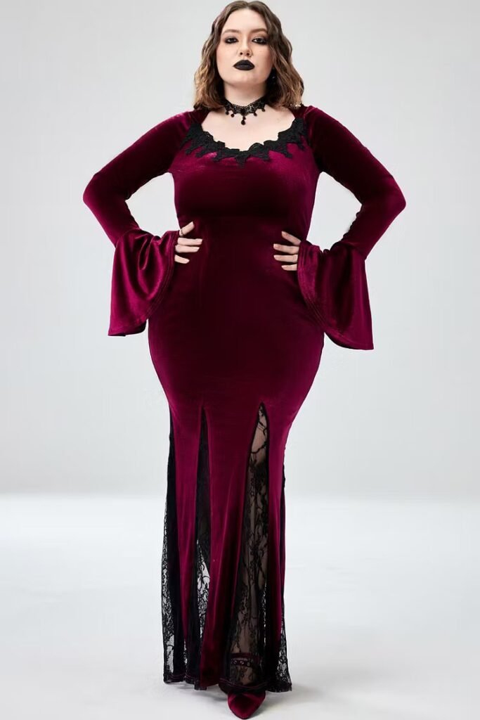 Plus Size Halloween Costume Burgundy Witches Gothic V-Neck Trumpet Sleeve Velvet Lace Maxi Dress