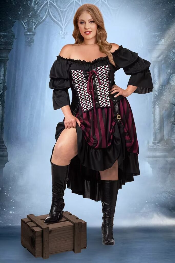Plus Size Halloween Costume Cosplay Black Off The Shoulder Lace Up Midi Dress