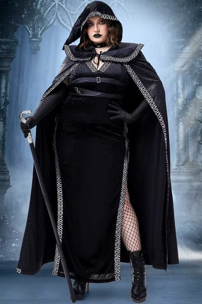 Plus Size Halloween Costume Gothic Black Velvet Witches Maxi Dress