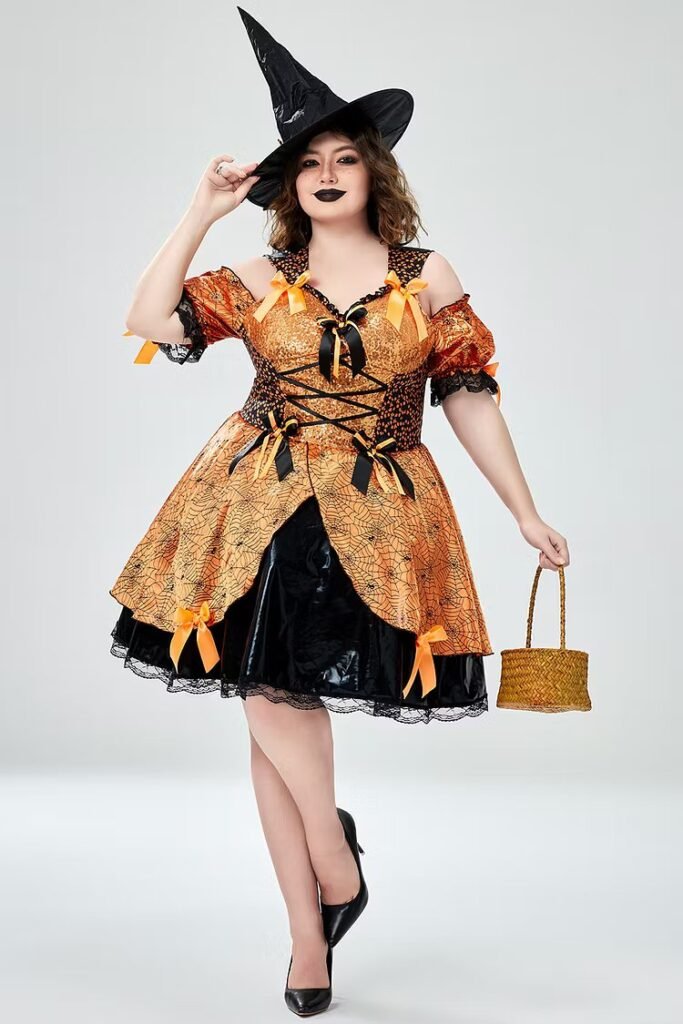 Plus Size Halloween Costume Orange Witch Cold Shoulder Mini Dress