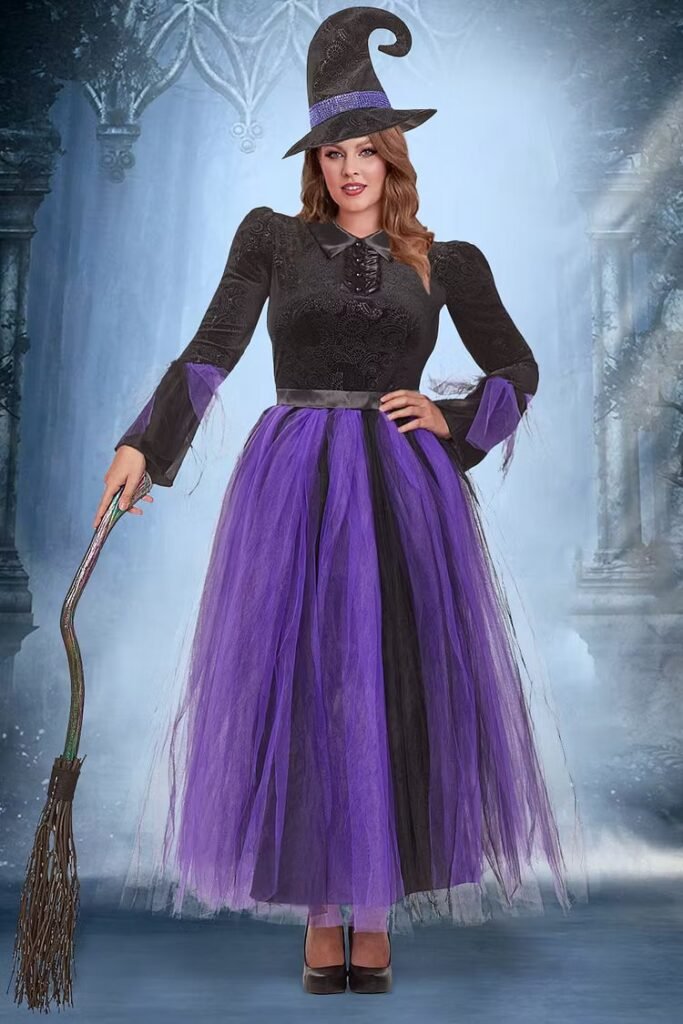 Plus Size Halloween Costume Purple Cosplay Witches Overlay Mesh Maxi Dress