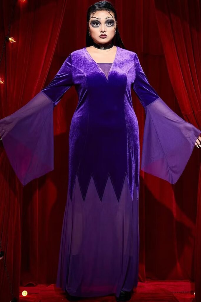 Plus Size Halloween Costume Purple V-Neck Trumpet Sleeve Lace Bat Velvet Maxi Dress