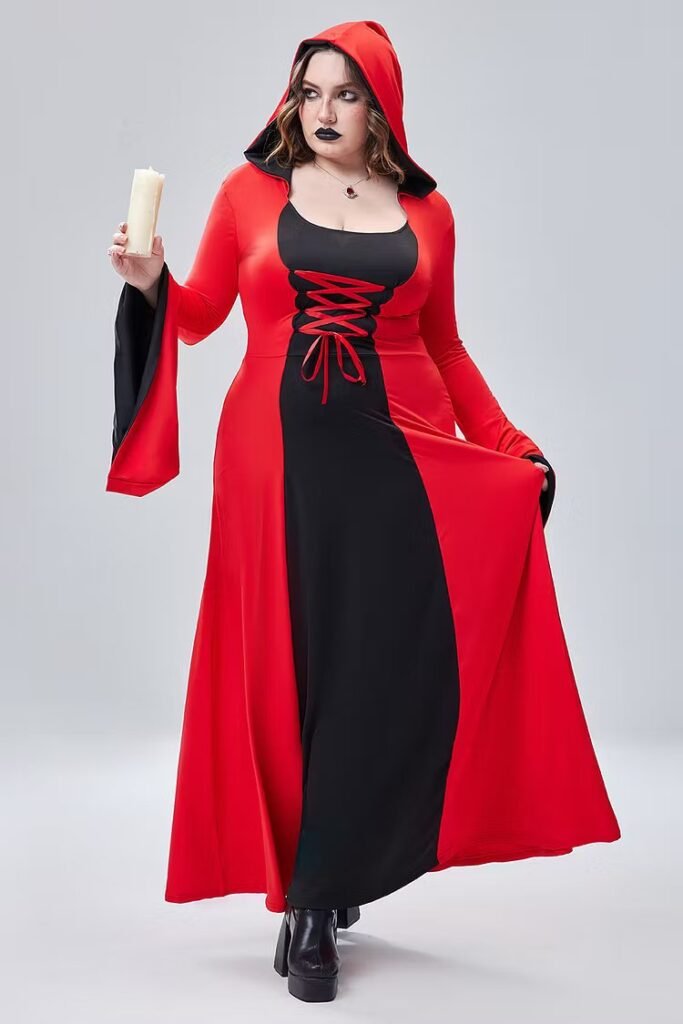 Plus Size Halloween Costume Red Hooded Lace Up Witches Trumpet Sleeve Knitted Maxi Dress
