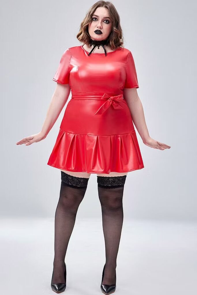 Plus Size Halloween Costume Red Pu-Leather Short Sleeve Wrap Mini Dress