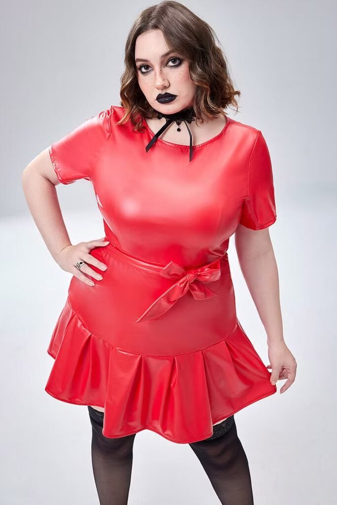 Plus Size Halloween Costume Red Pu-Leather Short Sleeve Wrap Mini Dress